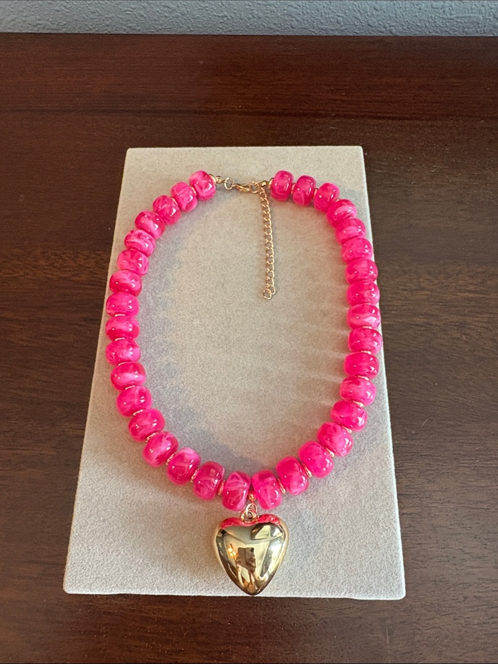 Pink Beaded Necklace with Gold Heart Pendant - Women Jewelry